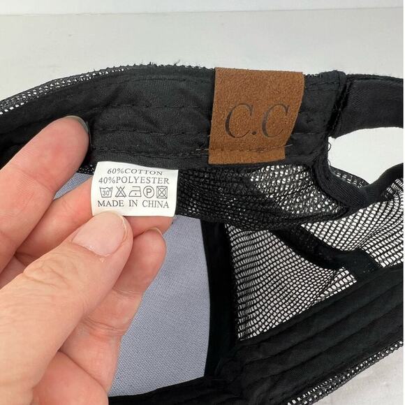C.C. Cap PonyTail Black Shiny Glitter Adjustable Snapback Mesh Trucker Hat - Picture 6 of 7